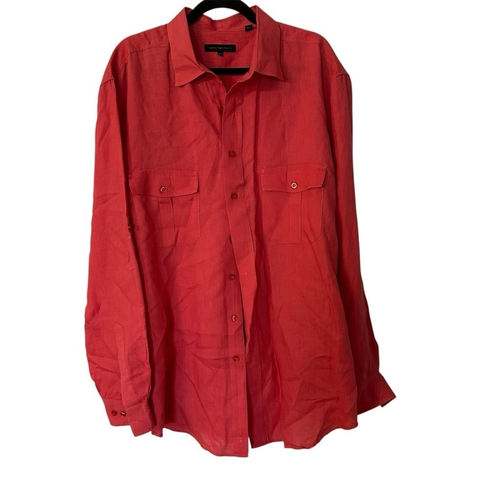 Twenty Eight Degrees Deep Coral Long Sleeve Button Up 100% Linen Top Sz XLT GUC